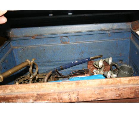19th Century tin trunk containing a quantity of various decorative copper and brass including a kettle and a quantity of plat