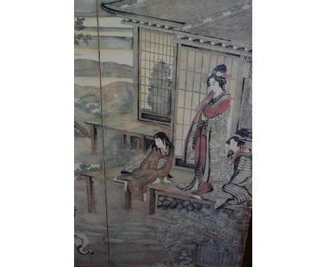 Large gilt framed oriental print of figures in a garden scene, 32ins x 32ins together with a 20th Century watercolour with wi
