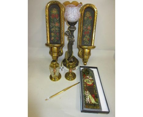 Pair of small 19th Century copper brass and glass lustres, two reproduction giltwood wall brackets, a patinated metal figural