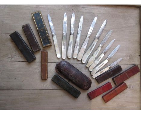 Collection of ten mainly 19th Century, silver and mother of pearl handled folding fruit knives with cases 