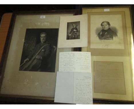 Signor Piatti, oak framed engraving, signed Alfred Piatti together with an unsigned photographic print and two letters to Mr.