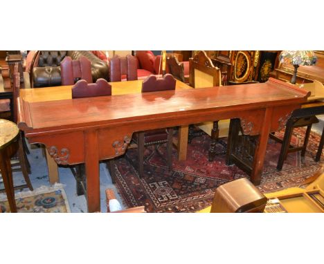 Large Chinese console table, the plank top above a shaped, pierced and carved frieze with moulded pierced and carved panel en