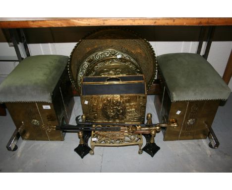 Brass fireplace fender with integral box seats, Indian brass shaped edge tray and miscellaneous fire tools etc 
