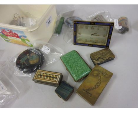 Inlaid horn snuff box, a Mappin dressing table clock and other miscellaneous small collectables 