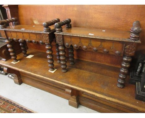 Pair of Victorian oak benches raised on bobbin turned supports25.75ins wide x 10.5ins deep x 20.25ins high - see photos 