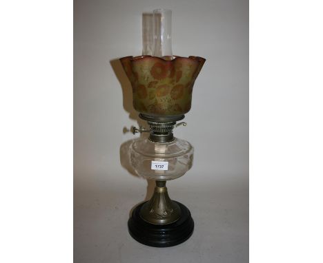 Victorian oil lamp with glass shade and chimneyVery small chips to rim at base of shade, black 1 inch line in centre of shade