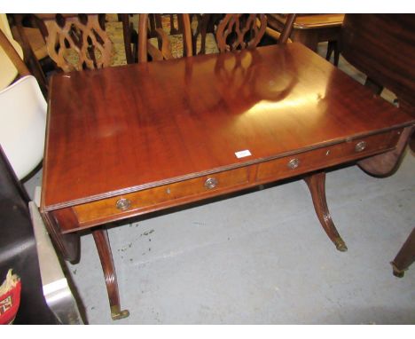19th Century mahogany drop-leaf sofa table with reeded top over two short drawers with brass ring handles and swept reeded le