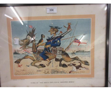 Unusual framed coloured caricature print ' Types of the Kings Own Naval Mounted Horse ', published by S.T. Abrahams, Naval ph