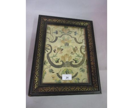 Small panel of 17th / 18th Century silk and silver wire work floral embroidery mounted in a later frame, 10ins x 7ins approxi
