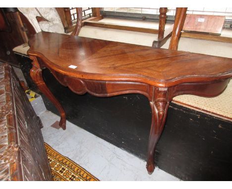 Pair of 19th Century rosewood serpentine shaped console tables, each with a single frieze drawer raised on cabriole supports 