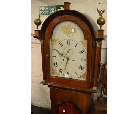 19th Century mahogany longcase clock with a broken arch hood, conforming panel door and base, the painted dial with Roman num