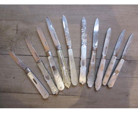 Bag containing a collection of ten various mainly 19th Century silver and mother of pearl folding fruit knives 