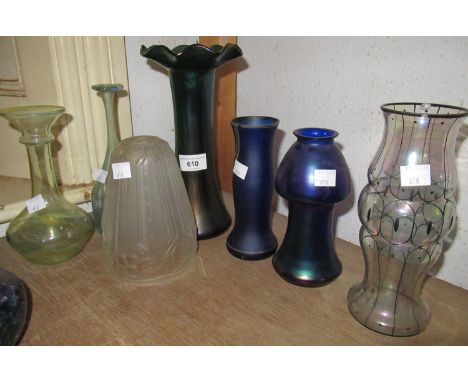 Loetz type dark green iridescent glass vase with flared rim, 9.5ins high, five other various Art Glass vases and an Art Deco 