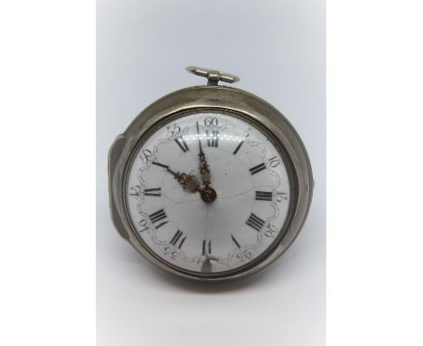 Plain silver pair cased verge watch, the movement signed Jonathan May, London, No. 4544, the movement with mock pendulum to t