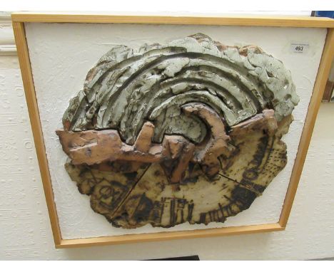 Two mid 20th Century Studio Pottery stoneware wall plaques, abstract compositions, indistinctly signed verso and framed in pi