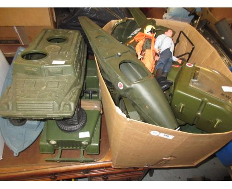 Two re-issue Action Man dolls together with a collection of vintage vehicles and spares etc. 