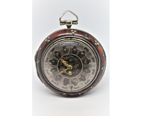 Silver and tortoiseshell pair cased verge watch, signed Martineau, London, the champleve silver dial with date aperture simil