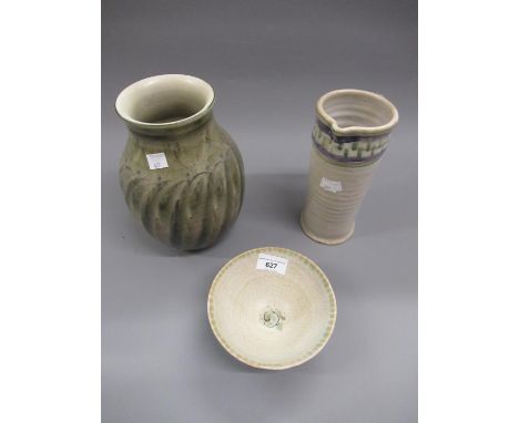 Small Carter bowl decorated with a stylised design and matt glaze together with a similar cylindrical jug unmarked and a simi