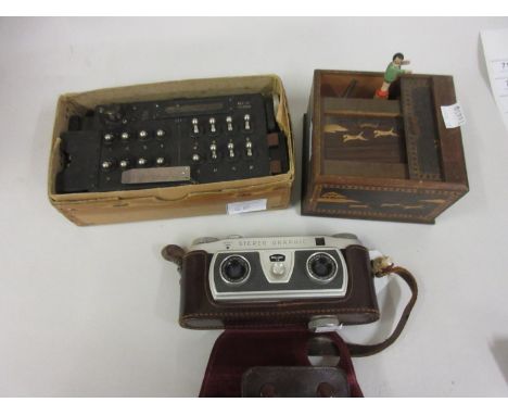 Stereographic camera by Wray, London, together with a boxed bomb selector switch 1953 and an oriental wooden cigarette box 