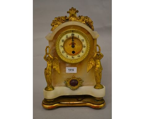 19th / early 20th Century alabaster gilt metal mounted mantel clock, having circular dial with single train movement, includi
