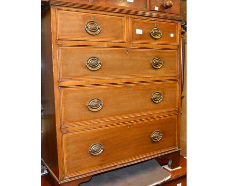 Edwardian mahogany crossbanded and line inlaid straight front chest of two short and three long drawers with oval brass handl