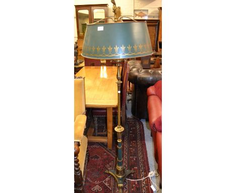 Patinated brass and blue toleware lamp standard in French Empire style, together with a small brass occasional table with gal