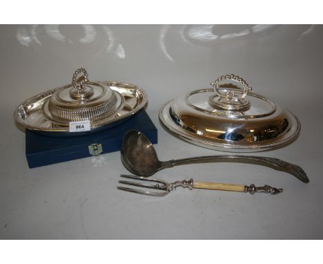 19th Century large silver plated fork, plated ladle, entree dish, similar smaller dish and a cased set of spoons 