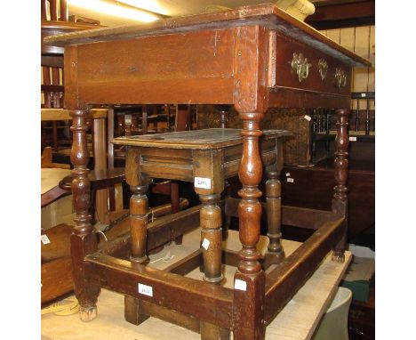 18th Century oak single drawer side table on bobbin turned supports with peripheral stretchers 