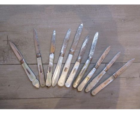 Bag containing a collection of ten various mainly 19th Century silver and mother of pearl fruit knives 