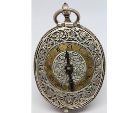 Oval silver verge watch in 17th Century style, the front cover engraved with a scene of St. George and the dragon, the revers