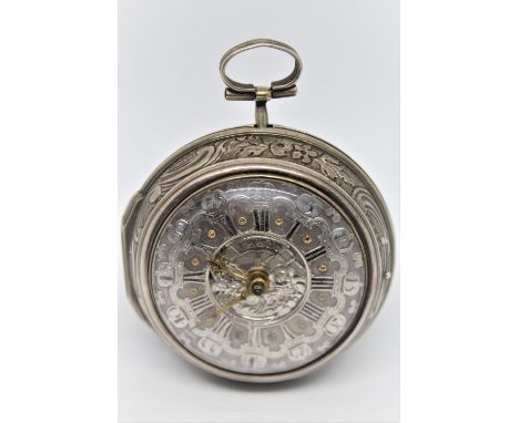 Silver repousse pair cased verge watch signed Tarts, London, No. 24828, the silver champleve dial signed to the centre, Tarts