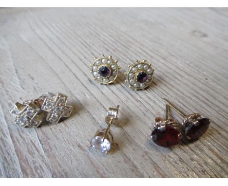 Pair of 9ct gold amethyst and seed pearl stud earrings together with two other pairs of stud earrings and a single stud earri