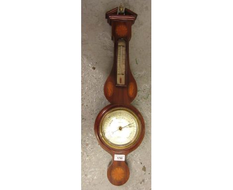 Edwardian mahogany and inlaid banjo shaped aneroid barometer thermometer 