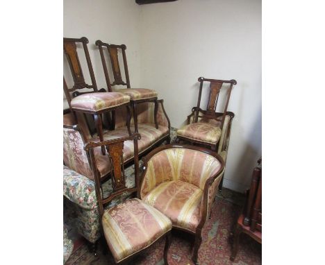 Edwardian beechwood line and marquetry inlaid drawing room sofa and matching chair, wing chair and a pair of side chairsVario