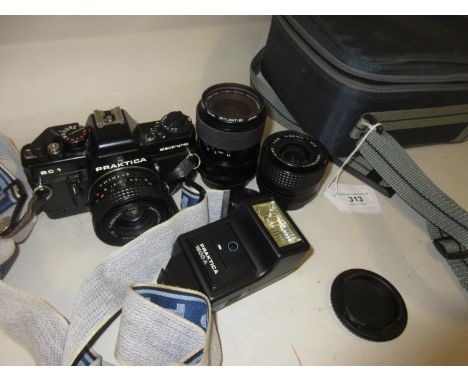 Praktica BC1 camera outfit in case with three lenses and flash gun 