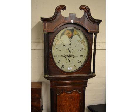 Unusual George III oak and mahogany crossbanded longcase clock, the swan neck pediment above an oval glazed door and oval dia