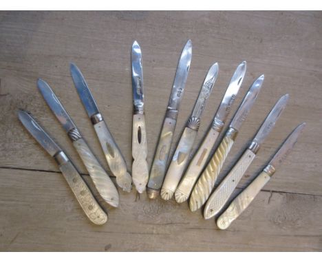 Bag containing a collection of ten various mainly 19th Century silver and mother of pearl fruit knives 