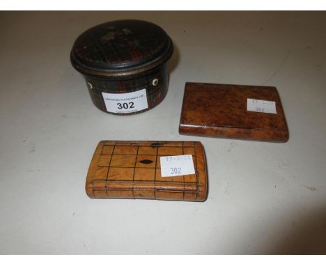 19th Century Tartan ware thread box, together with two burr wood snuff boxes 