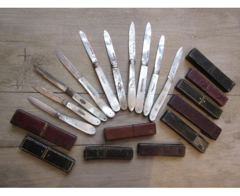 Collection of ten various mainly 19th Century silver and mother of pearl handled folding fruit knives with cases 