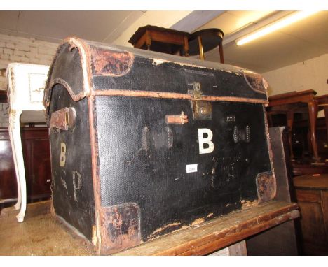 19th Century canvas covered wicker work dome top travel trunk with stencilled letters together with a 19th Century octagonal 