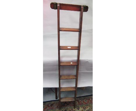 19th Century stained pine six step library ladder with leather mounted rest63ins high 