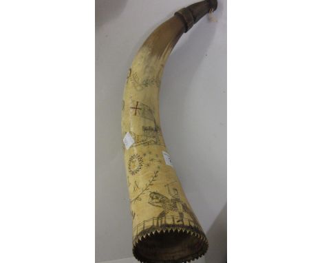 19th Century scrimshaw decorated cattle horn hunting horn decorated with various exotic animals, castles and figures, 16ins w