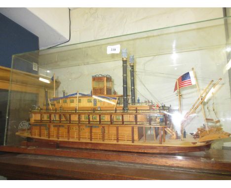 Wooden scale model of the paddle steamer ' River Queen ', housed in a glazed cabinetSome missing parts but generally in good 