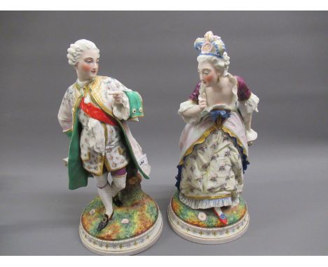 Pair of large 19th Century French bisque figures of a lady and gentleman in 18th Century costume, impressed marks to the base