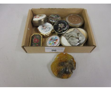 Carved hardstone figure of an elephant together with a quantity of various trinket boxes 
