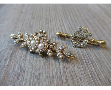 18ct Gold split pearl and diamond set bar brooch in the form of a lyre, together with a similar unmarked brooch in the form o