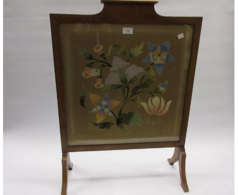 Floral silk and gold thread needlework panel housed in a firescreen together with six woolwork pictures 
