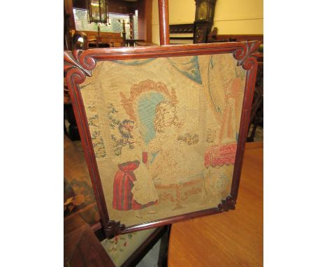 Victorian mahogany pole screen, the rectangular adjustable needlework inset panel above a baluster turned column support and 