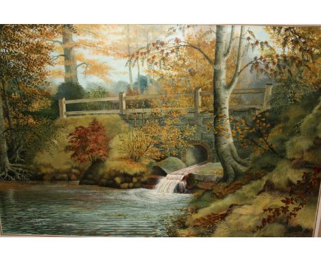 G. Wickens, oil on canvas, river scene with bridge, signed, 19ins x 29ins, 20th Century watercolour, mountainous scene with v