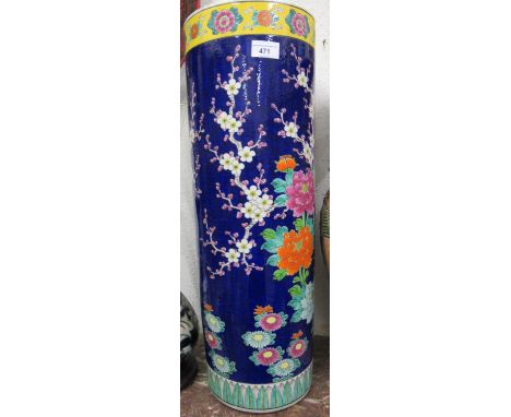 20th Century Chinese style pottery cylindrical stick stand decorated with birds in foliage and flowers, 24ins high 